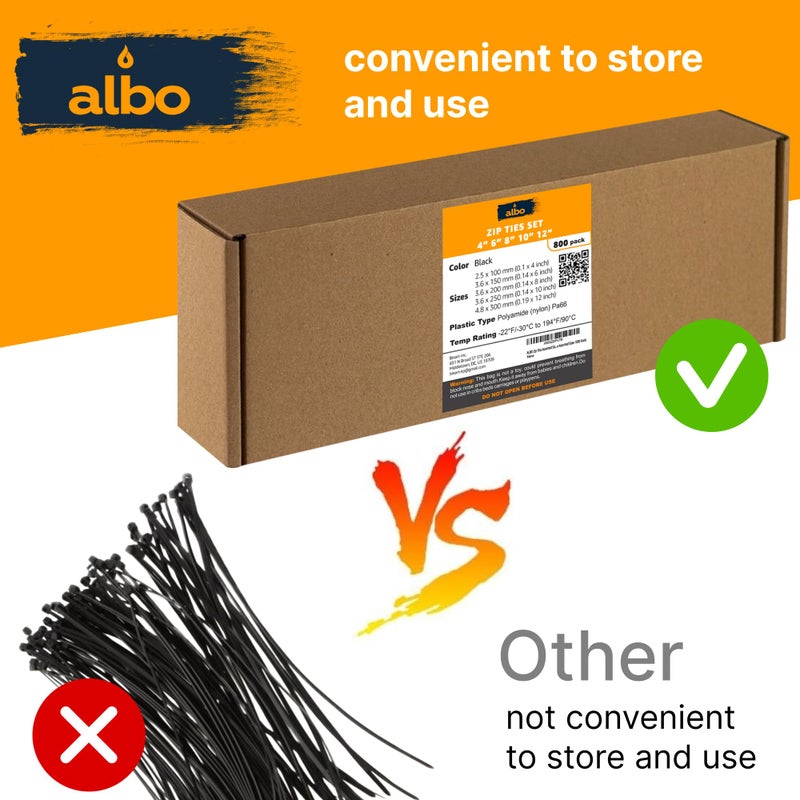 Albo Black Zip Ties Assorted Sizes 800 Pack 4+6+8+10+12 Inch Plastic Black Cable Ties Wire Tie Uv Resistant Nylon Tie Wraps Assorted Sizes - Image 4